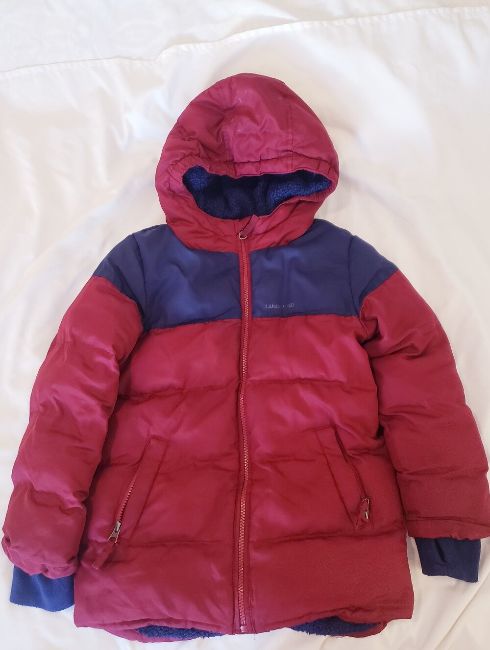 Lands' End Red and Navy Hooded Youth Puffer Parka Size Small 6-7
